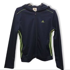 ADIDAS  Navy Blue Hooded Full Zip Jacket w/ Adidas’ Signature 3 Stripe Trim GUC